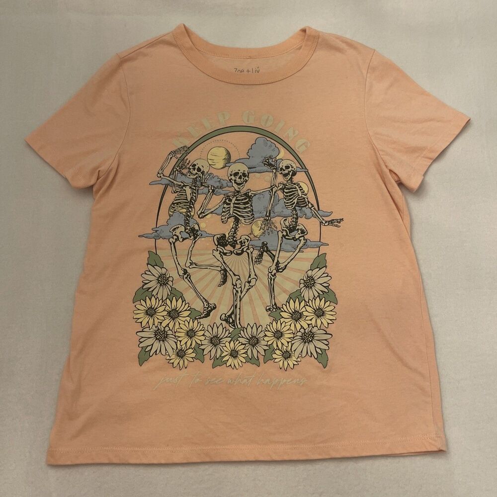 Zoe + Liv Keep Going Tee Shirt Women's Size S Peach Skeleton Daisy Short Sleeve
